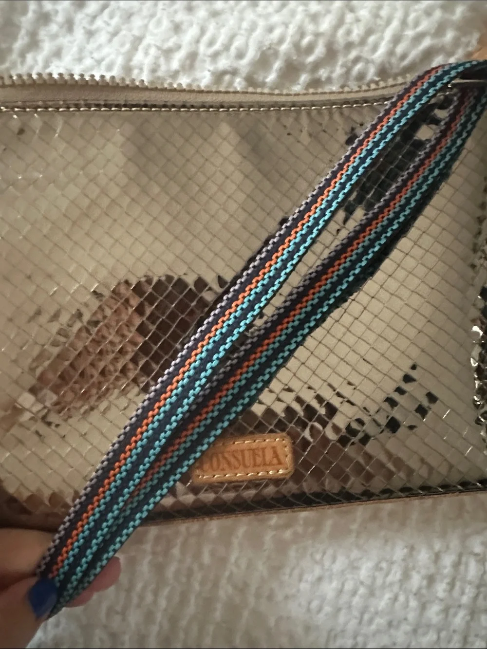 Consuela Metallic Pewter Snake-Embossed Wristlet with Striped Strap